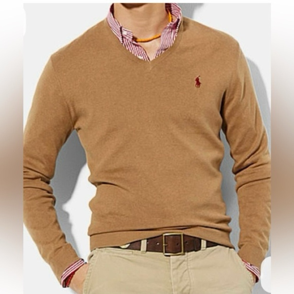 Polo Ralph Lauren 100% Lambswool V-Neck Sweater – Tan/Camel – Size L